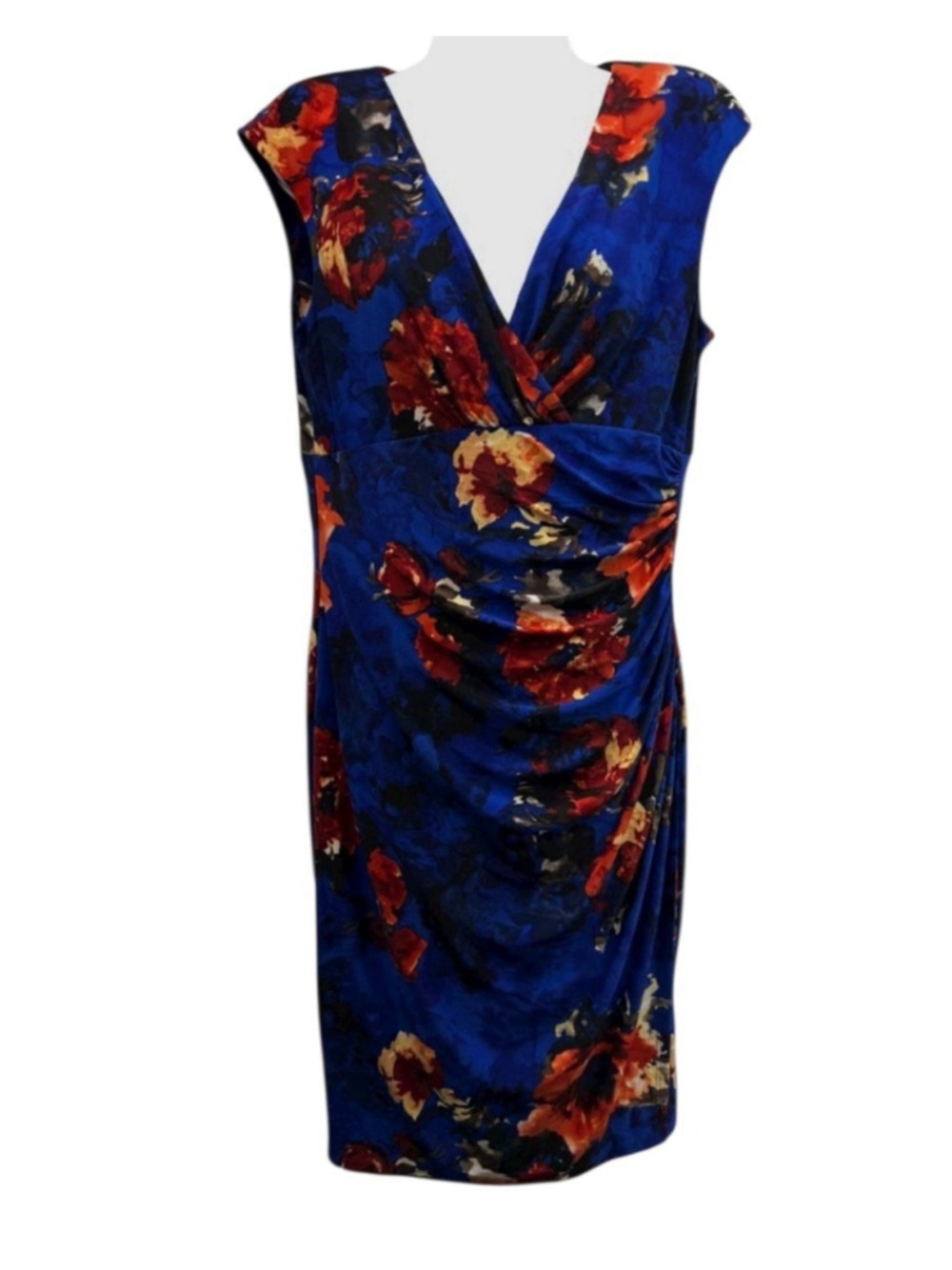 Lauren Ralph Lauren Floral Dress Blue Red Ruched Sheath Cocktail Quiet Luxury - Picture 3 of 12